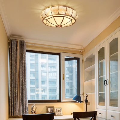 Plafonnier contemporain de luxe avec cadre en laiton, verre dépoli à grain vertical, rond à 4 lumières pour chambre à coucher 