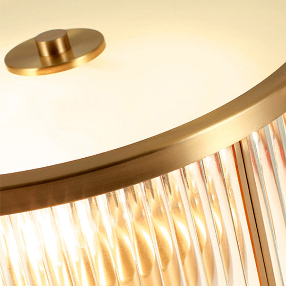 Plafonnier contemporain de luxe avec cadre en laiton, verre dépoli à grain vertical, rond à 4 lumières pour chambre à coucher 
