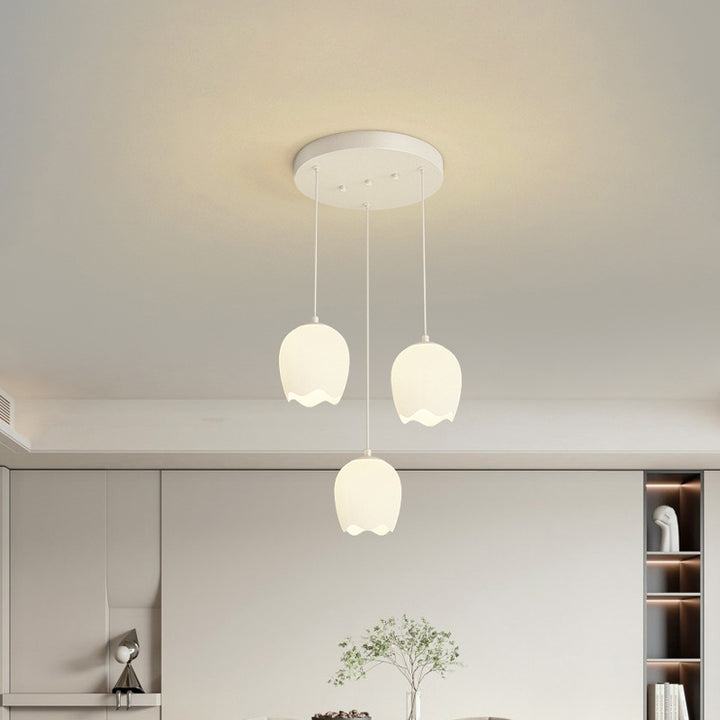 Traditioneller französischer Eisen-Tulpen-Glasschirm 3-Licht-Kronleuchter-Insellicht für Wohnzimmer 