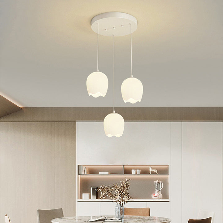Traditioneller französischer Eisen-Tulpen-Glasschirm 3-Licht-Kronleuchter-Insellicht für Wohnzimmer 
