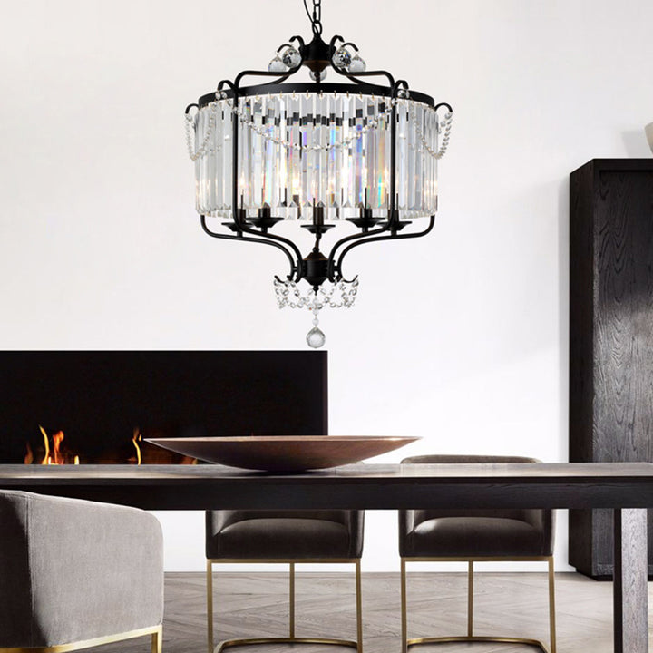 Suspension à 5 lumières en cylindre de cristal de fer traditionnel français pour salle à manger 