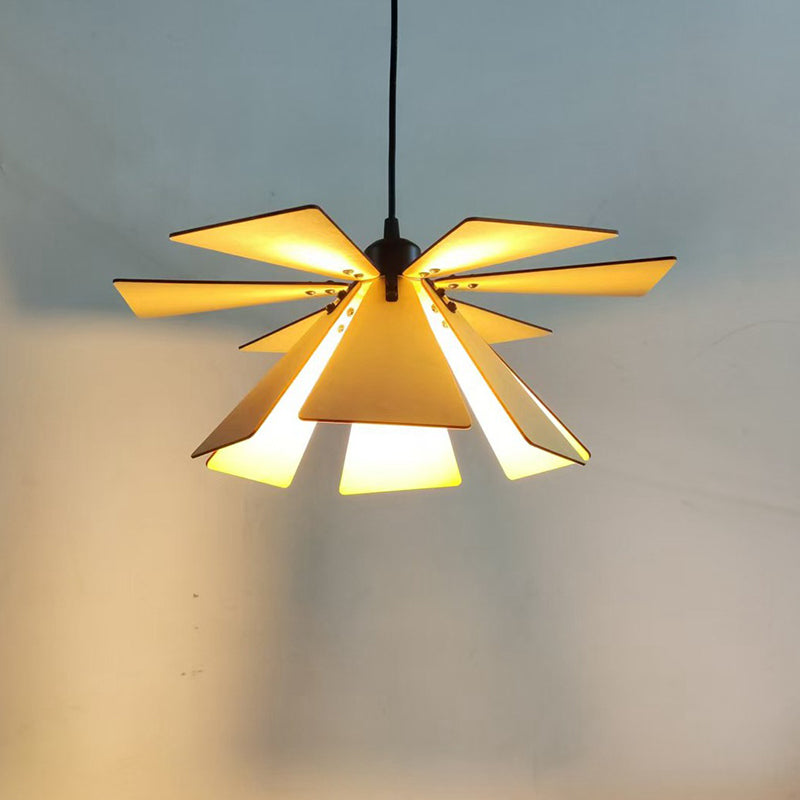 Traditional Japanese Adjustable Wood Chip Petal Shape 1-Light Pendant Light For Living Room