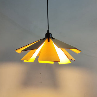 Traditional Japanese Adjustable Wood Chip Petal Shape 1-Light Pendant Light For Living Room