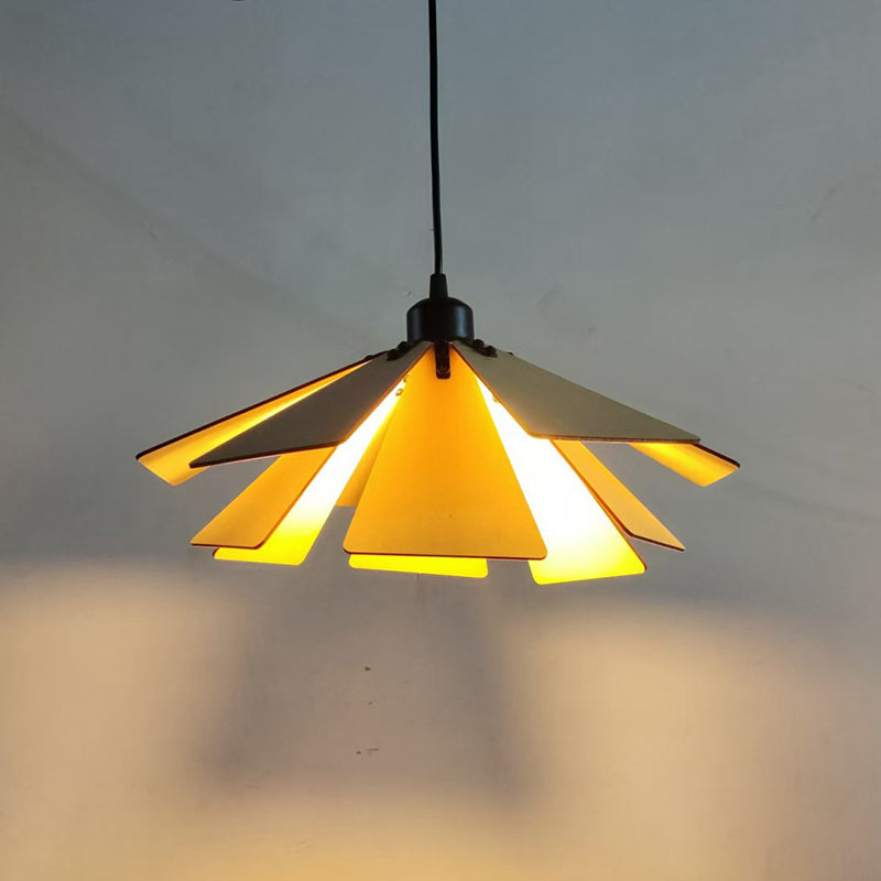 Traditional Japanese Adjustable Wood Chip Petal Shape 1-Light Pendant Light For Living Room
