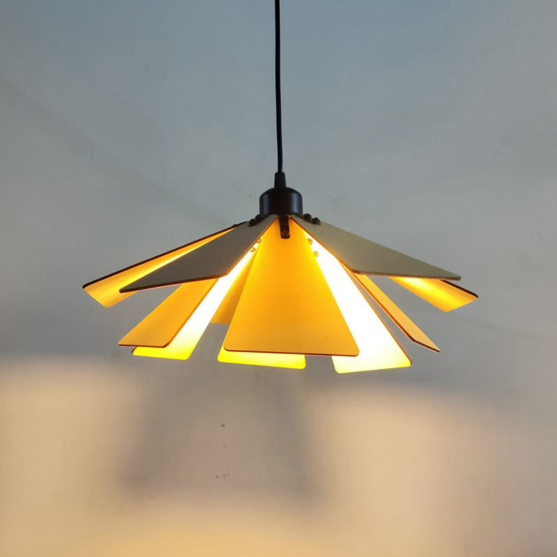 Traditional Japanese Adjustable Wood Chip Petal Shape 1-Light Pendant Light For Living Room