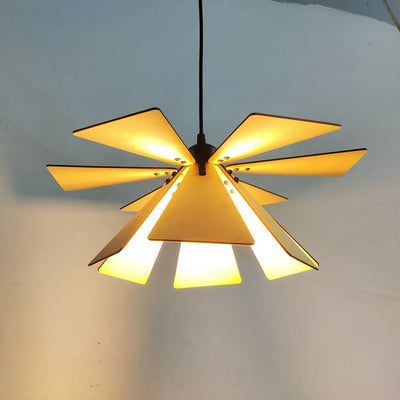 Traditional Japanese Adjustable Wood Chip Petal Shape 1-Light Pendant Light For Living Room