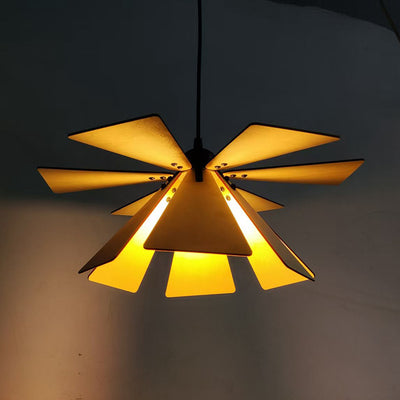 Traditional Japanese Adjustable Wood Chip Petal Shape 1-Light Pendant Light For Living Room