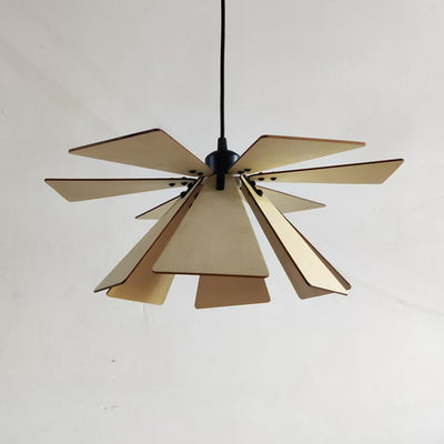 Traditional Japanese Adjustable Wood Chip Petal Shape 1-Light Pendant Light For Living Room