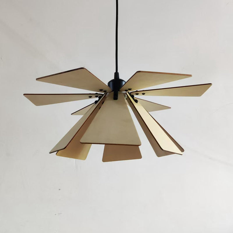 Traditional Japanese Adjustable Wood Chip Petal Shape 1-Light Pendant Light For Living Room