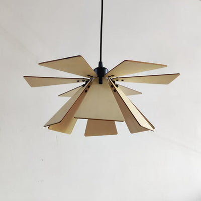 Traditional Japanese Adjustable Wood Chip Petal Shape 1-Light Pendant Light For Living Room