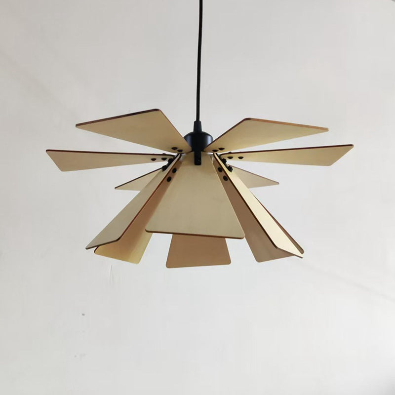 Traditional Japanese Adjustable Wood Chip Petal Shape 1-Light Pendant Light For Living Room