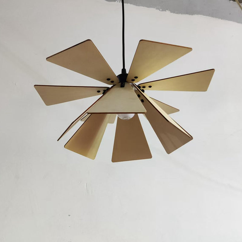 Traditional Japanese Adjustable Wood Chip Petal Shape 1-Light Pendant Light For Living Room