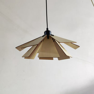 Traditional Japanese Adjustable Wood Chip Petal Shape 1-Light Pendant Light For Living Room
