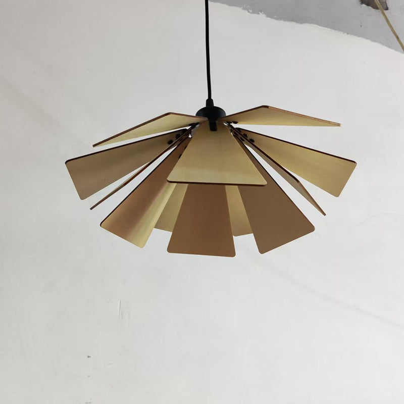 Traditional Japanese Adjustable Wood Chip Petal Shape 1-Light Pendant Light For Living Room