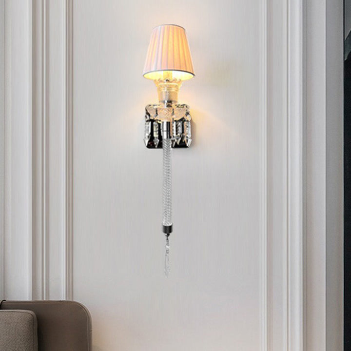 Pantalla redonda de tela francesa tradicional de acero inoxidable con cristal de 1 luz para lámpara de pared en la sala de estar 