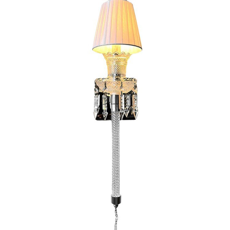 Abat-jour rond en tissu français traditionnel en acier inoxydable avec cristal, applique murale 1 lumière pour salon 