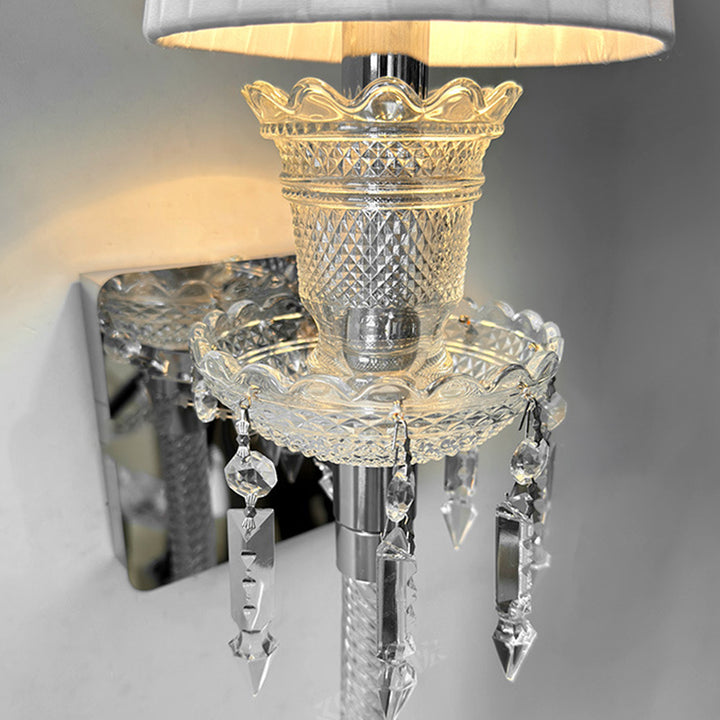 Pantalla redonda de tela francesa tradicional de acero inoxidable con cristal de 1 luz para lámpara de pared en la sala de estar 