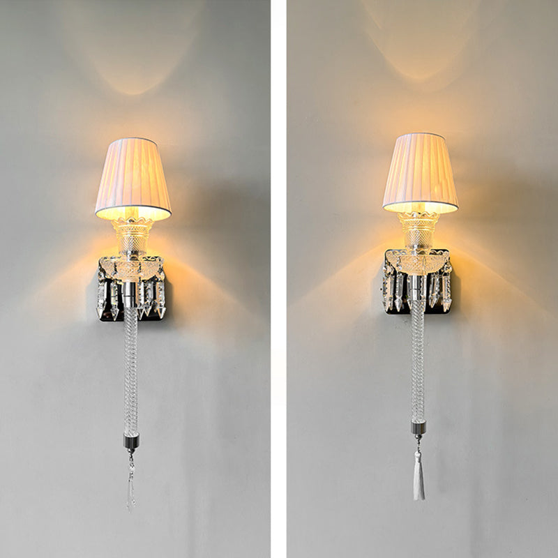 Abat-jour rond en tissu français traditionnel en acier inoxydable avec cristal, applique murale 1 lumière pour salon 