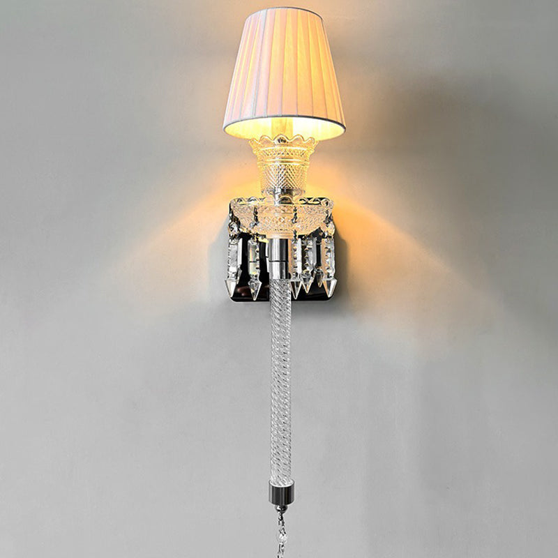 Abat-jour rond en tissu français traditionnel en acier inoxydable avec cristal, applique murale 1 lumière pour salon 