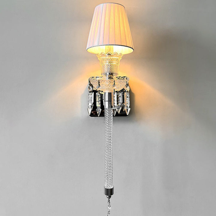 Abat-jour rond en tissu français traditionnel en acier inoxydable avec cristal, applique murale 1 lumière pour salon 