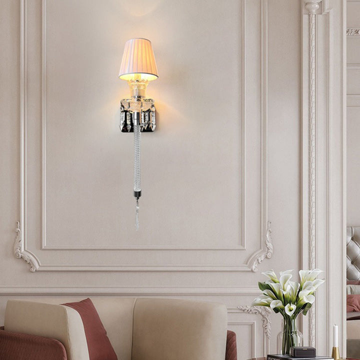 Pantalla redonda de tela francesa tradicional de acero inoxidable con cristal de 1 luz para lámpara de pared en la sala de estar 