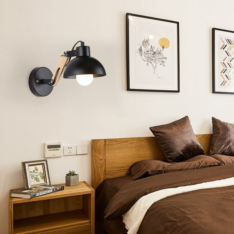 Zeitgenössische Einfachheit Massivholz Eisen Halbkreis 1-Licht Wandleuchte für das Schlafzimmer 