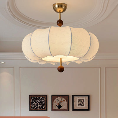 Traditional French Solid Wood Fabric Round Shade 4-Light Semi-Flush Mount Ceiling Light For Living Room