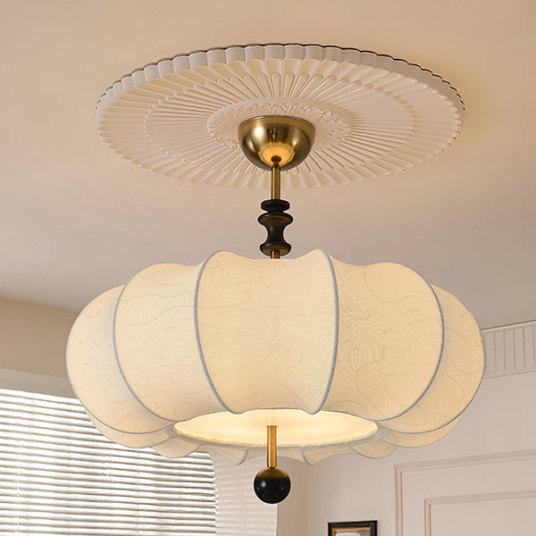 Traditional French Solid Wood Fabric Round Shade 4-Light Semi-Flush Mount Ceiling Light For Living Room