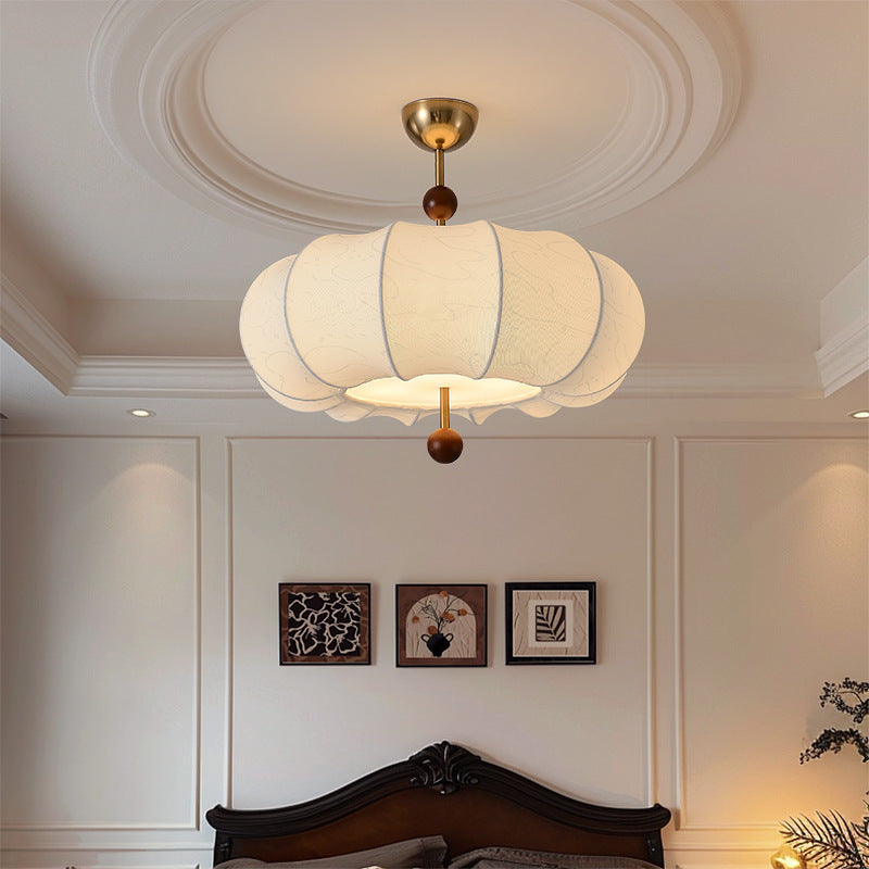 Traditional French Solid Wood Fabric Round Shade 4-Light Semi-Flush Mount Ceiling Light For Living Room