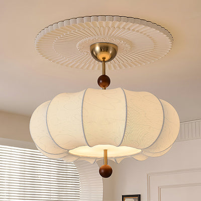 Traditional French Solid Wood Fabric Round Shade 4-Light Semi-Flush Mount Ceiling Light For Living Room
