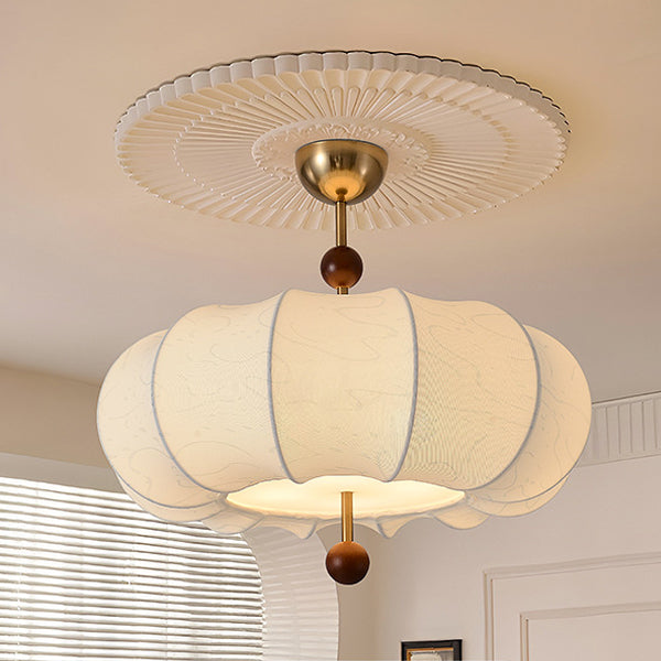 Traditional French Solid Wood Fabric Round Shade 4-Light Semi-Flush Mount Ceiling Light For Living Room