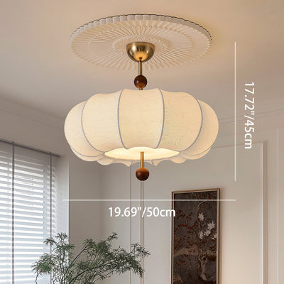 Traditional French Solid Wood Fabric Round Shade 4-Light Semi-Flush Mount Ceiling Light For Living Room