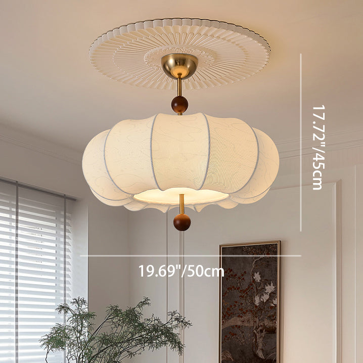 Traditional French Solid Wood Fabric Round Shade 4-Light Semi-Flush Mount Ceiling Light For Living Room