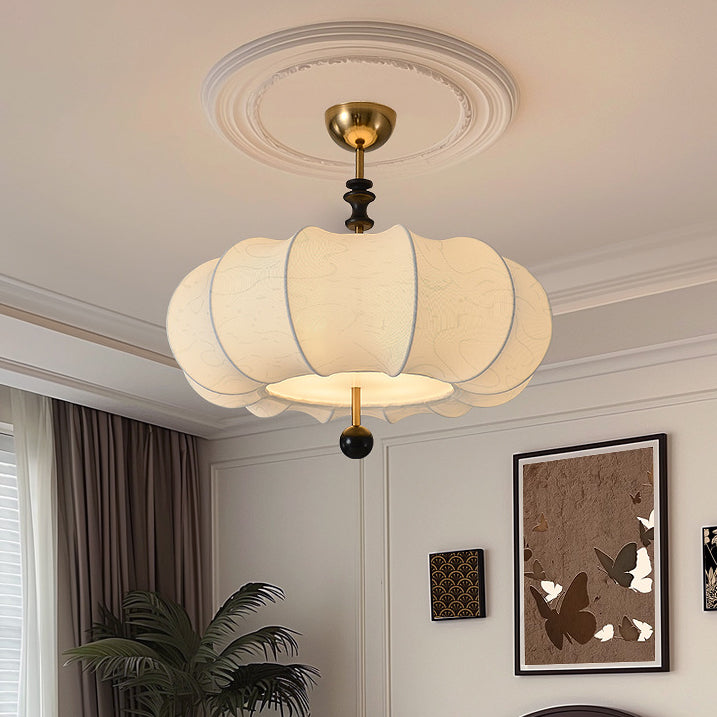 Traditional French Solid Wood Fabric Round Shade 4-Light Semi-Flush Mount Ceiling Light For Living Room