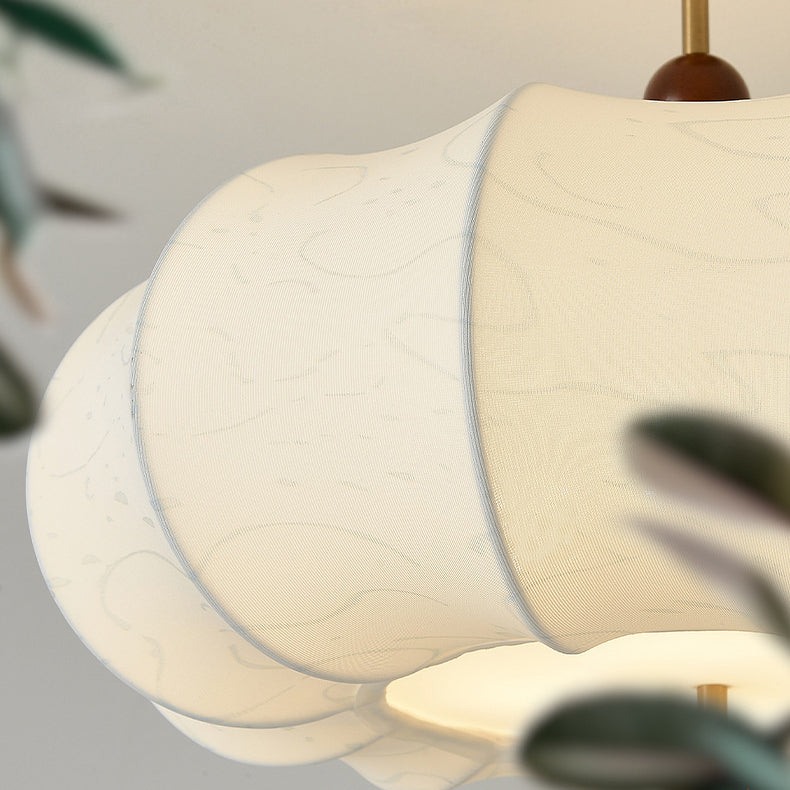 Traditional French Solid Wood Fabric Round Shade 4-Light Semi-Flush Mount Ceiling Light For Living Room