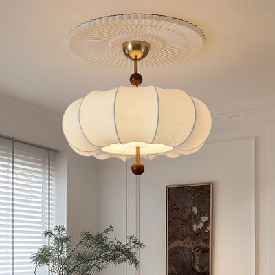 Traditional French Solid Wood Fabric Round Shade 4-Light Semi-Flush Mount Ceiling Light For Living Room