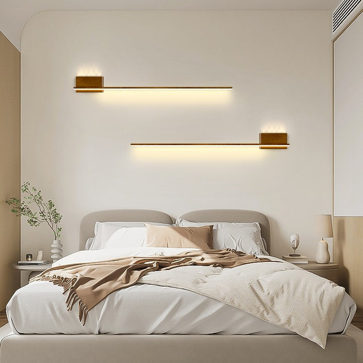 Moderne minimalistische Aluminium-Walnuss-Holzmaserung geradlinige LED-Wandleuchte für Wohnzimmer 
