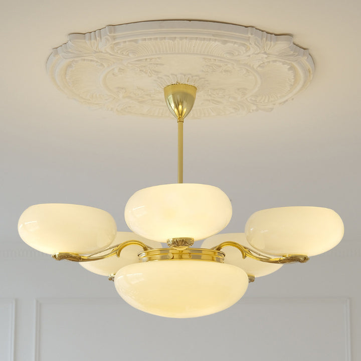 Traditional French Brass Frame Opal Glass Round Shade 3/5-Light Chandelier For Living Room