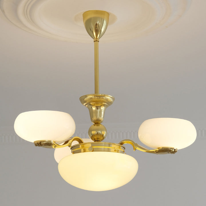Traditional French Brass Frame Opal Glass Round Shade 3/5-Light Chandelier For Living Room