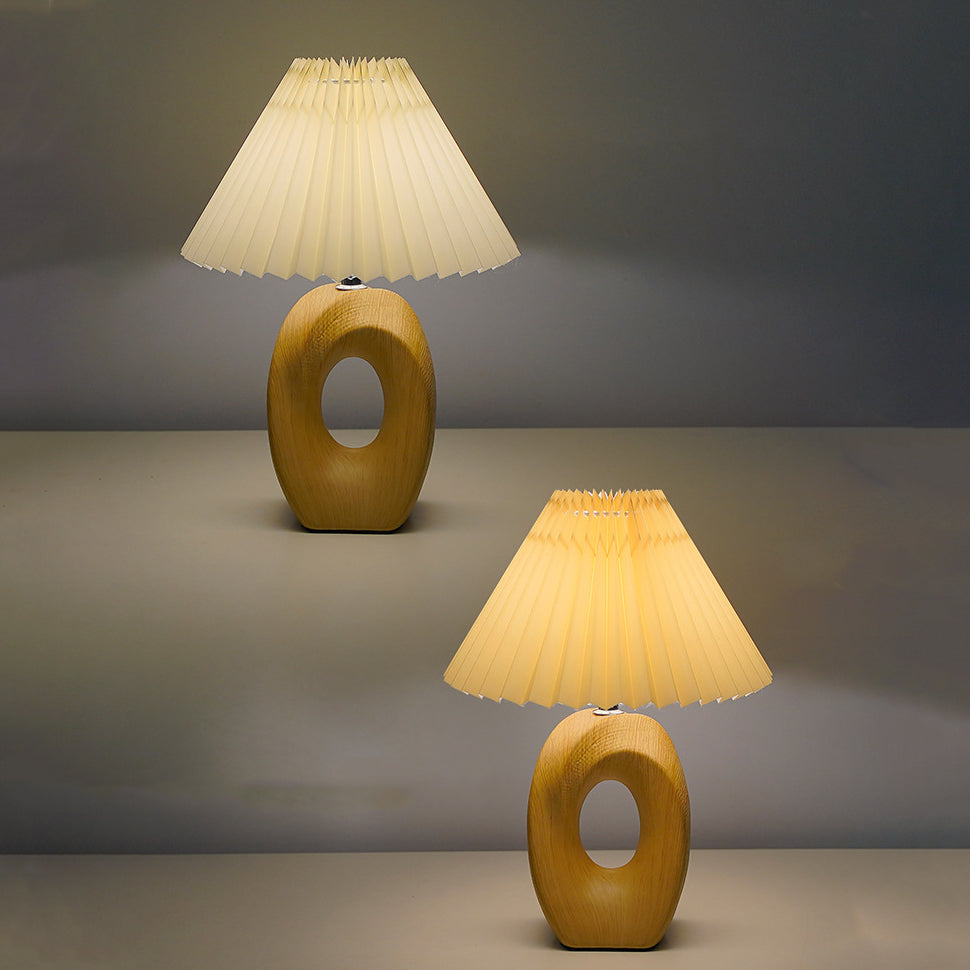 Traditionelle japanische plissierte Stoffschirm Holzmaserung Keramikbasis USB LED Tischlampe für den Nachttisch 
