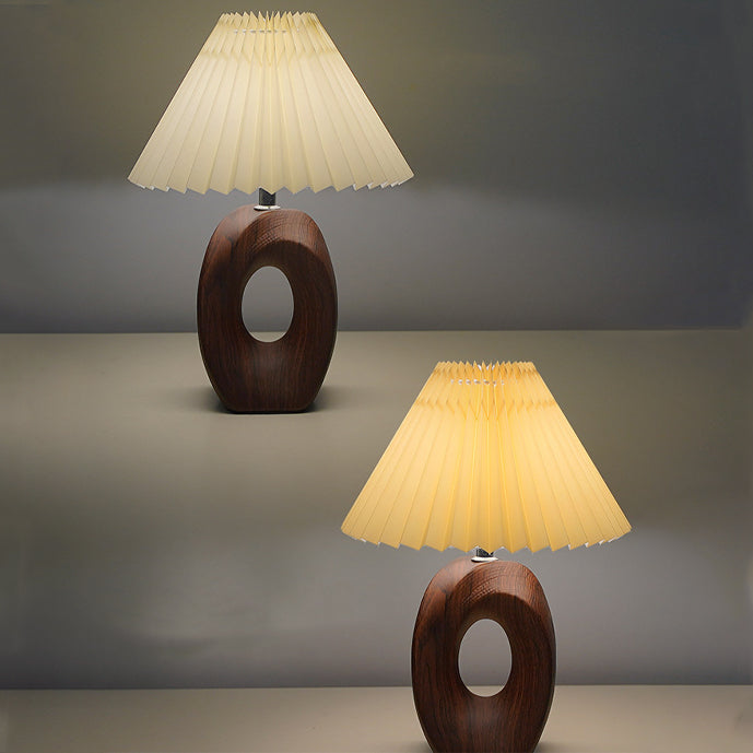 Traditionelle japanische plissierte Stoffschirm Holzmaserung Keramikbasis USB LED Tischlampe für den Nachttisch 