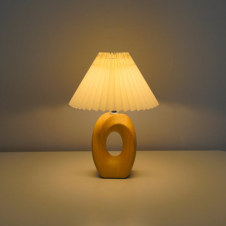 Traditionelle japanische plissierte Stoffschirm Holzmaserung Keramikbasis USB LED Tischlampe für den Nachttisch 
