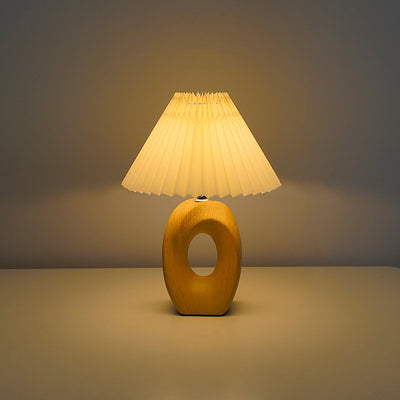 Traditional Japanese Pleated Fabric Shade Wood Grain Ceramic Base USB Rechargeable LED Table Lamp For Bedside