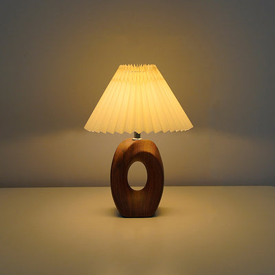Traditional Japanese Pleated Fabric Shade Wood Grain Ceramic Base USB Rechargeable LED Table Lamp For Bedside