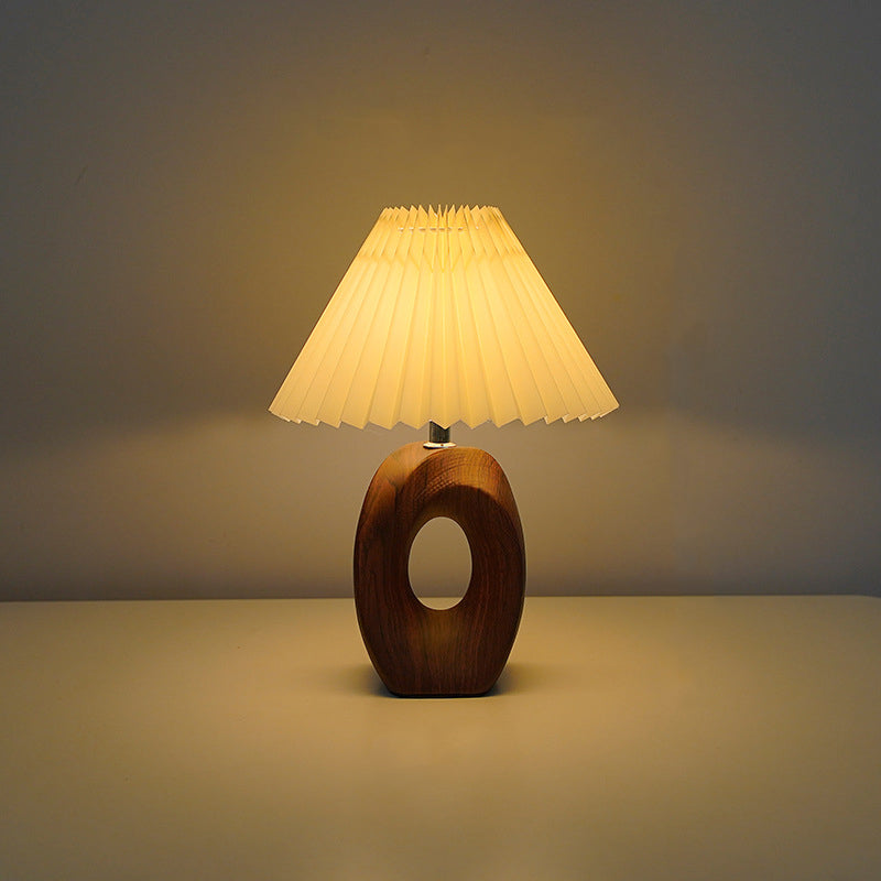 Traditional Japanese Pleated Fabric Shade Wood Grain Ceramic Base USB Rechargeable LED Table Lamp For Bedside