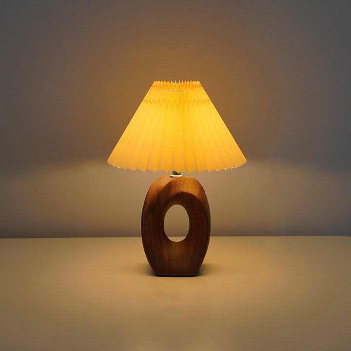 Traditionelle japanische plissierte Stoffschirm Holzmaserung Keramikbasis USB LED Tischlampe für den Nachttisch 