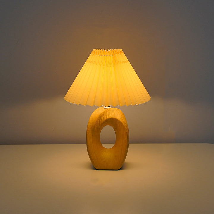 Traditionelle japanische plissierte Stoffschirm Holzmaserung Keramikbasis USB LED Tischlampe für den Nachttisch 
