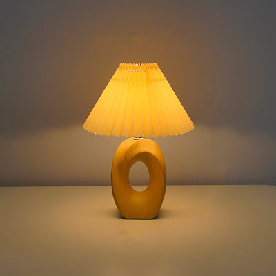 Traditional Japanese Pleated Fabric Shade Wood Grain Ceramic Base USB Rechargeable LED Table Lamp For Bedside