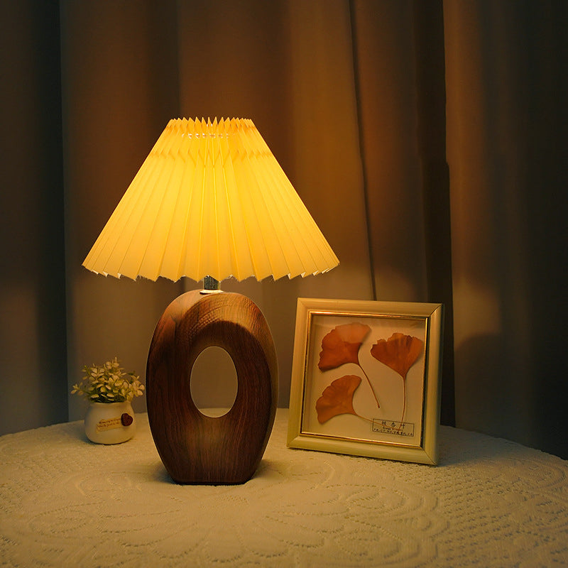 Traditional Japanese Pleated Fabric Shade Wood Grain Ceramic Base USB Rechargeable LED Table Lamp For Bedside