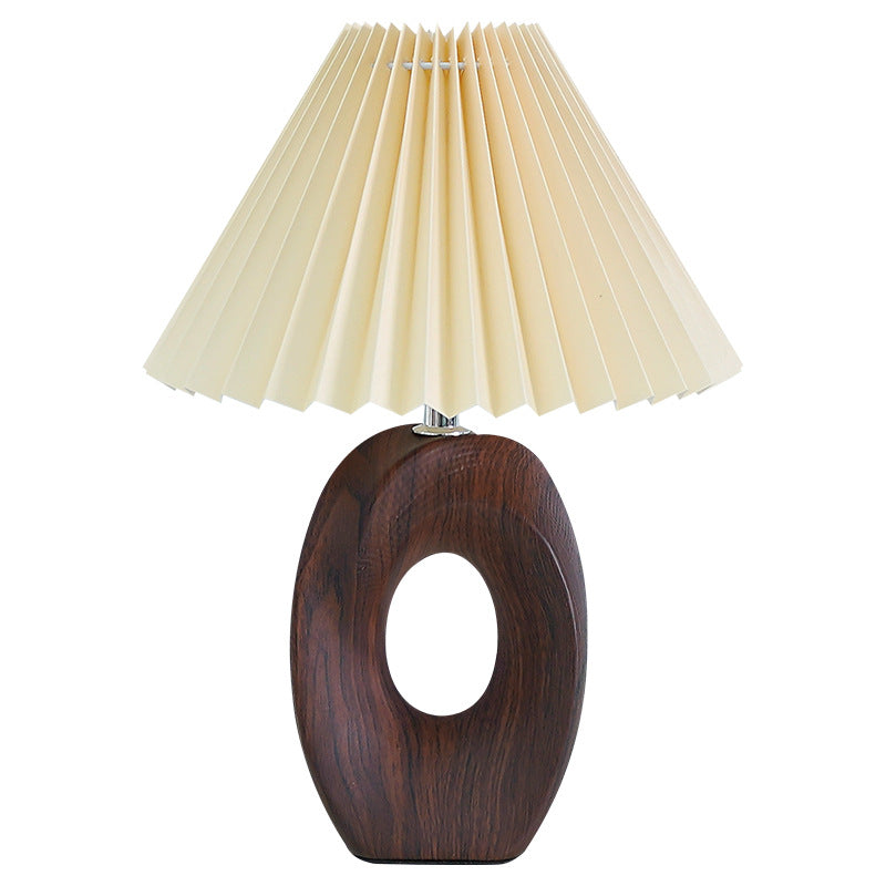 Traditional Japanese Pleated Fabric Shade Wood Grain Ceramic Base USB Rechargeable LED Table Lamp For Bedside
